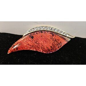 Butler Pin Wavy Red Shell Under Acrylic & A Row Of Crystals Signed